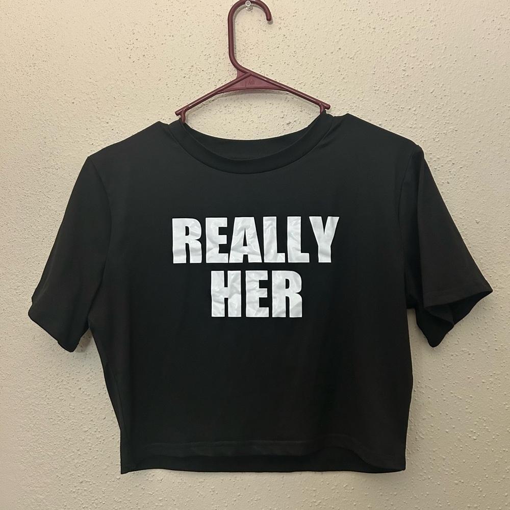 SHEIN Black Crop Top with White Text